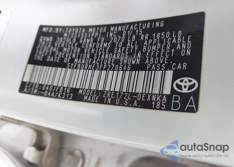 2015 Toyota Corolla Le from USA, damaged, VIN 5YFBURHE3FP270646